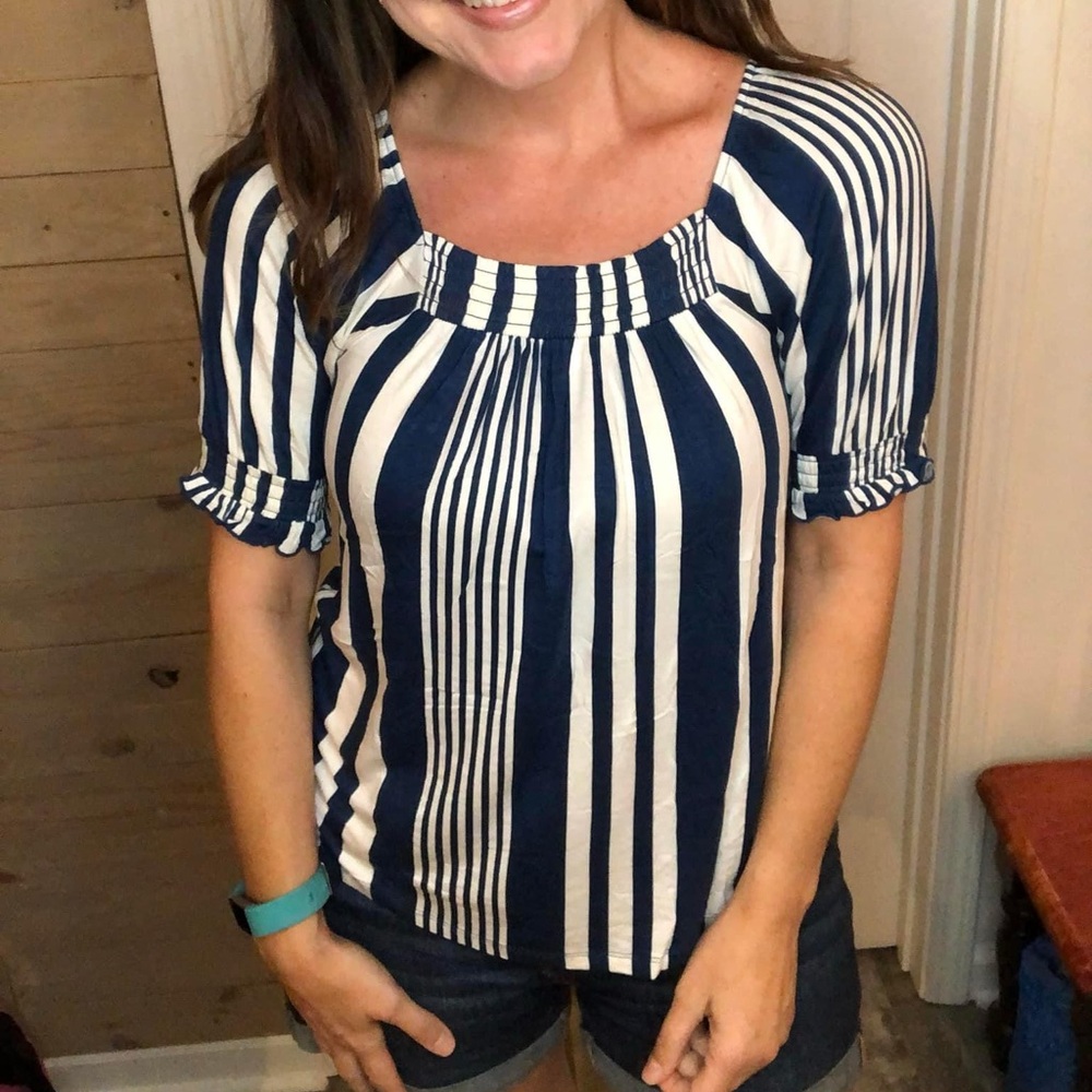 Navy and White Striped Women's Top